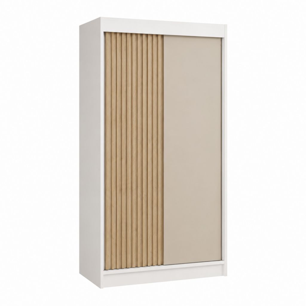 Schwebetürenschrank Kleiderschrank Weiß Eiche Natur Beige Spanplatte MDF 120 x 60 x 200 cm
