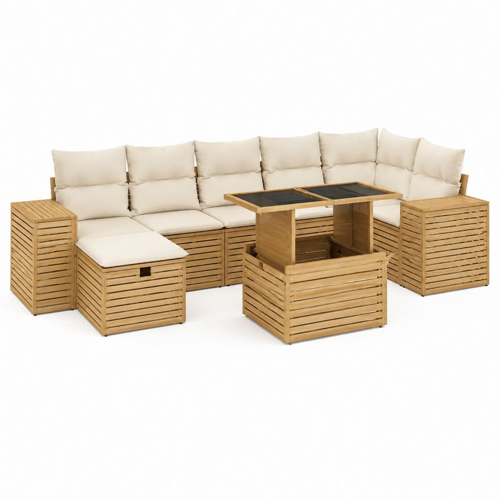9-teiliges Gartenlounge Set Beige Bambus L-Form mit Tisch 270 x 205 x 70 cm