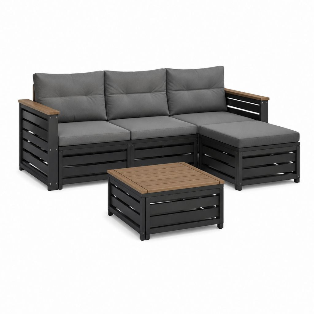 Gartenlounge Ecksofa Set Schwarz Grau Stahl WPC L-Form 180 x 120 x 75 cm