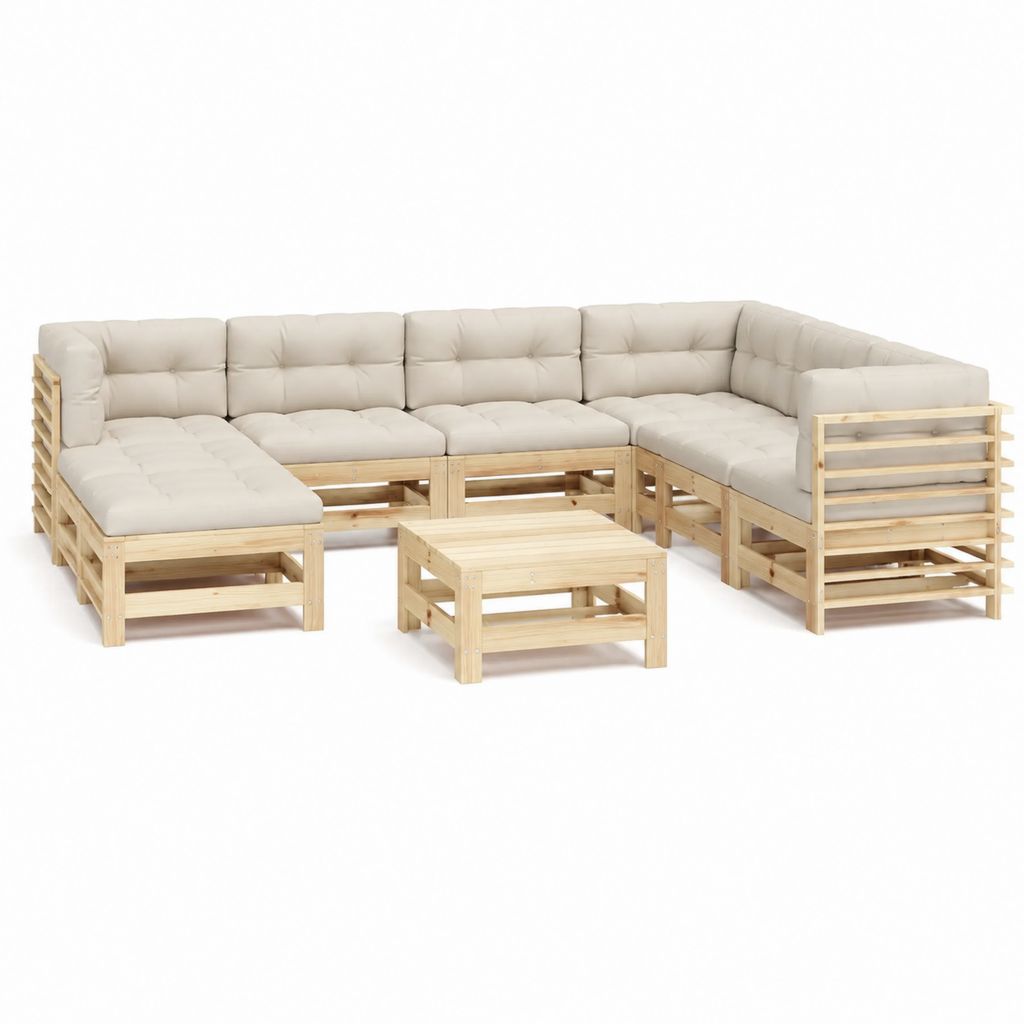 Gartenlounge Set aus massivem Kiefernholz Natur mit cremefarbenen Polyesterkissen 5-teilig 265 x 210 x 70 cm