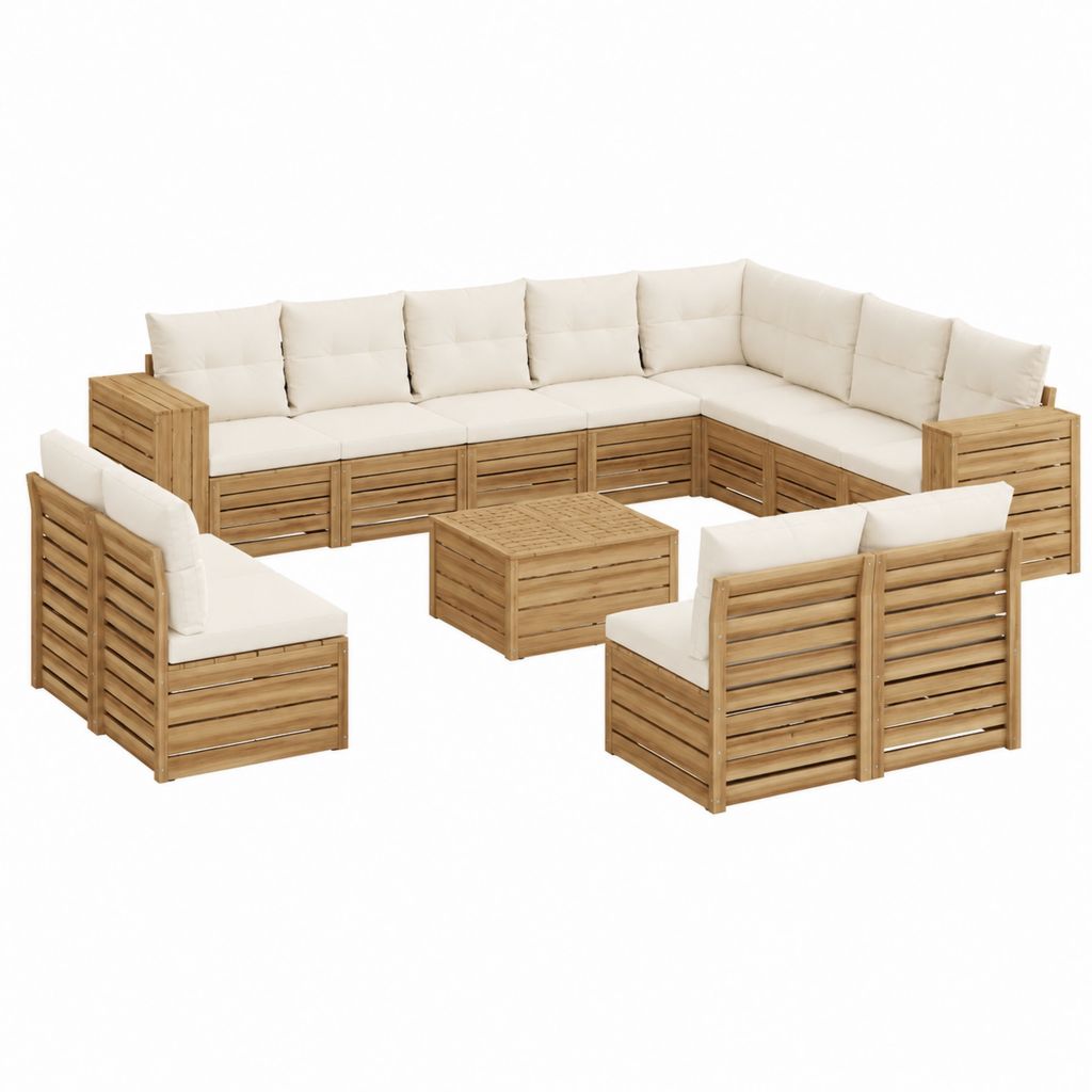 9-teiliges Gartenlounge-Set U-Form Natur Creme Akazien-Massivholz Polyester 303 x 240 x 63 cm