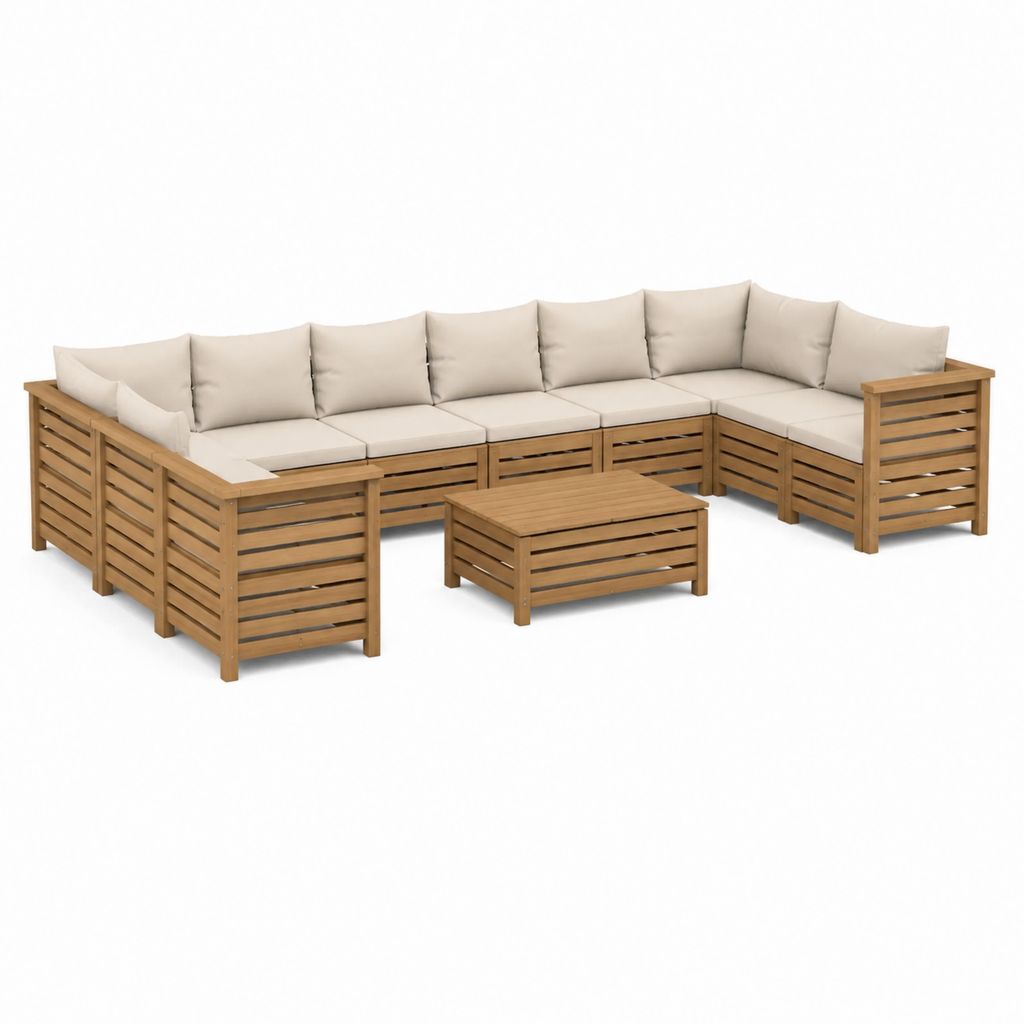 Gartenlounge Set 7-teilig Beige Akazienholz Polyester L-Form 280 x 210 x 65 cm