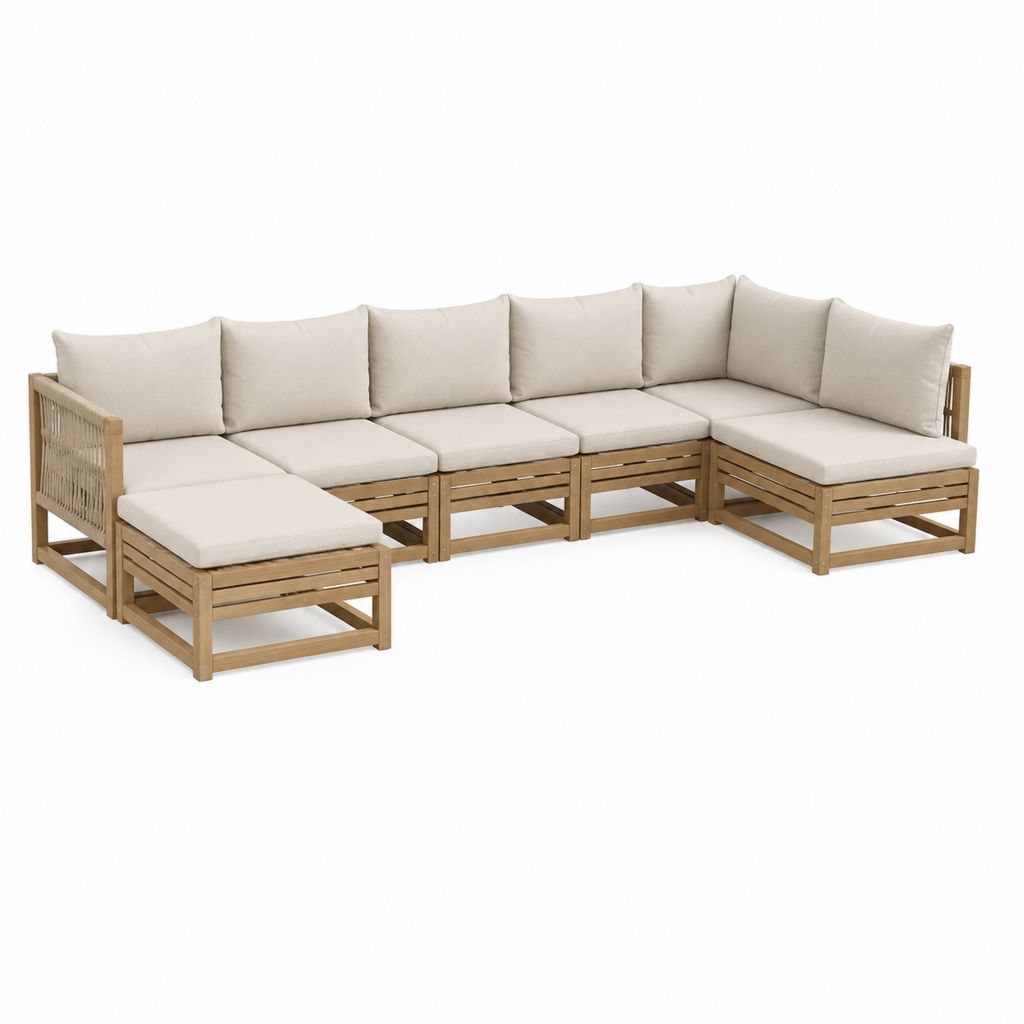 5-teiliges Gartensofa Ecksofa in L-Form Natur Beige aus Akazienholz mit Polyesterkissen 300 x 225 x 75 cm