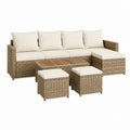 Gartenlounge-Set 4-Sitzer Beige PE-Rattan Ecksofa mit Akazienholz-Tisch 240 x 180 cm