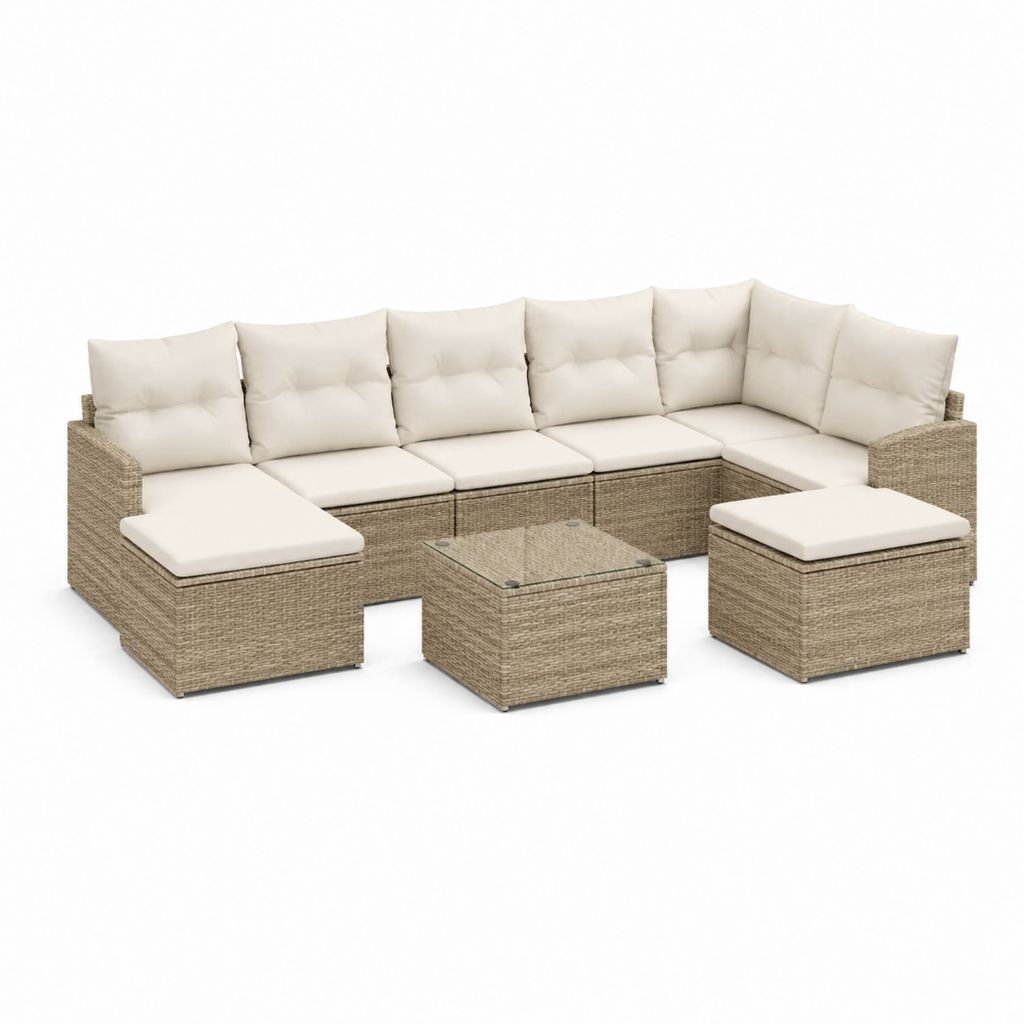 8-teiliges Gartenlounge-Set L-Form Beige PE-Rattan mit Kissen 280 x 220 x 70 cm