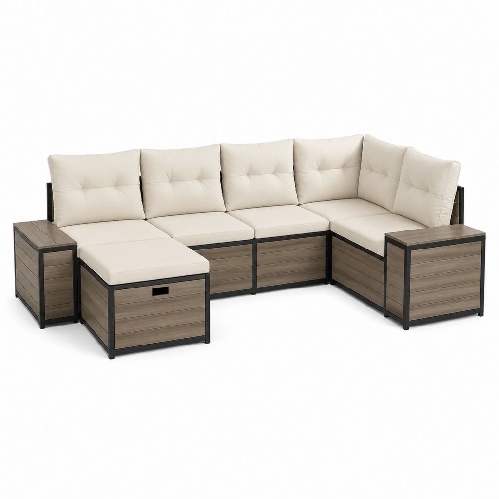 7-teiliges Gartensofa Set Beige Aluminium WPC Eckform 280 x 210 x 85 cm