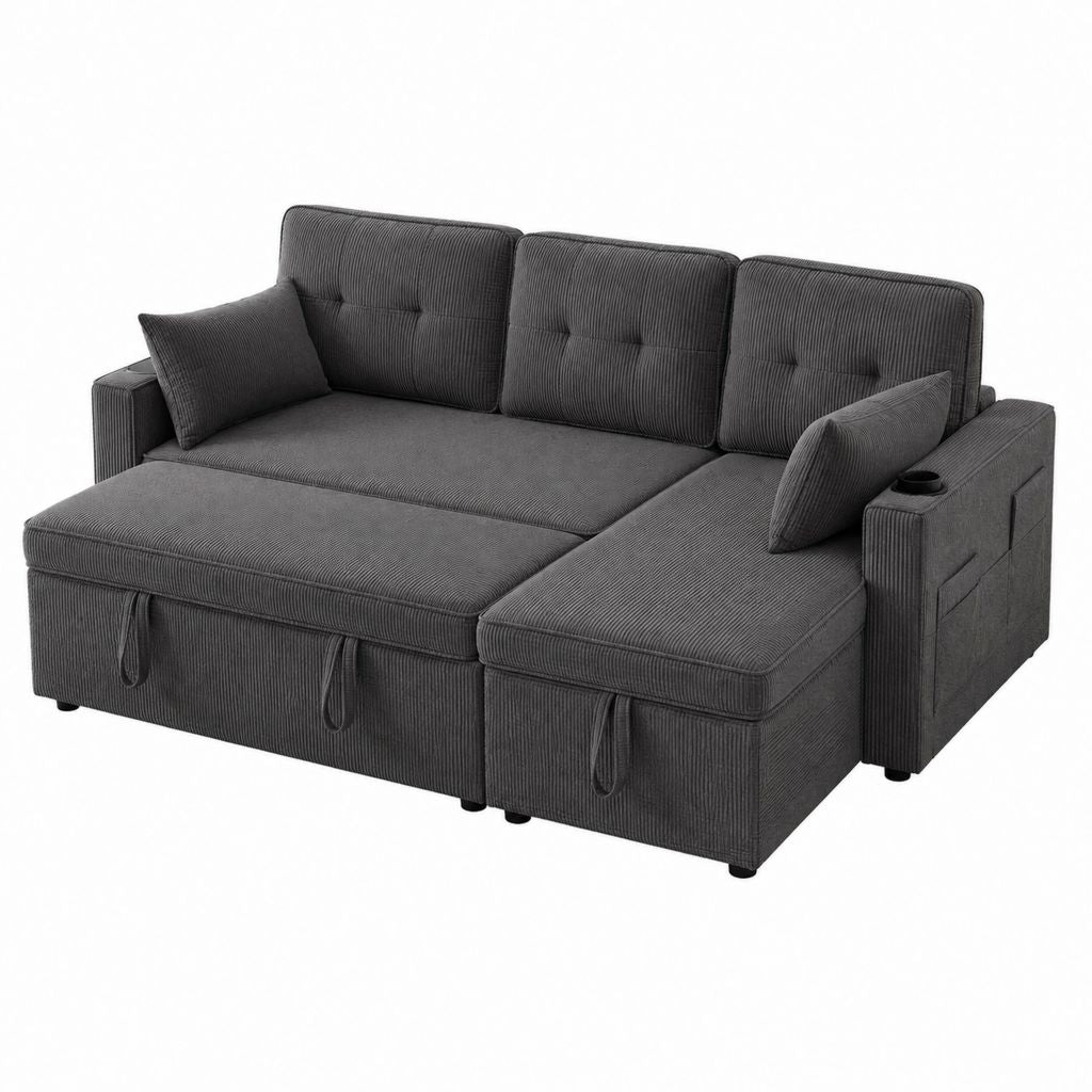 3-Sitzer Schlafsofa Dunkelgrau aus Polyester-Cord mit Stauraum und Ausziehbett 220 x 145 x 90 cm